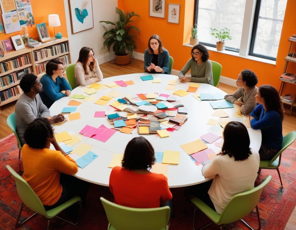 A bold and intriguing visual featuring a diverse group of bloggers gathered around a roundtable sharing ideas and discussing adult topics, surrounded by books and art reflecting various taboo themes. The atmosphere should be warm and inviting, with creative notes and colorful post-its scattered about. Subtle hints of curiosity and openness can be depicted in their expressions, inviting viewers into the conversation. Modern styles and aesthetics can enhance the scene's relevance. vibrant colors. 3D.