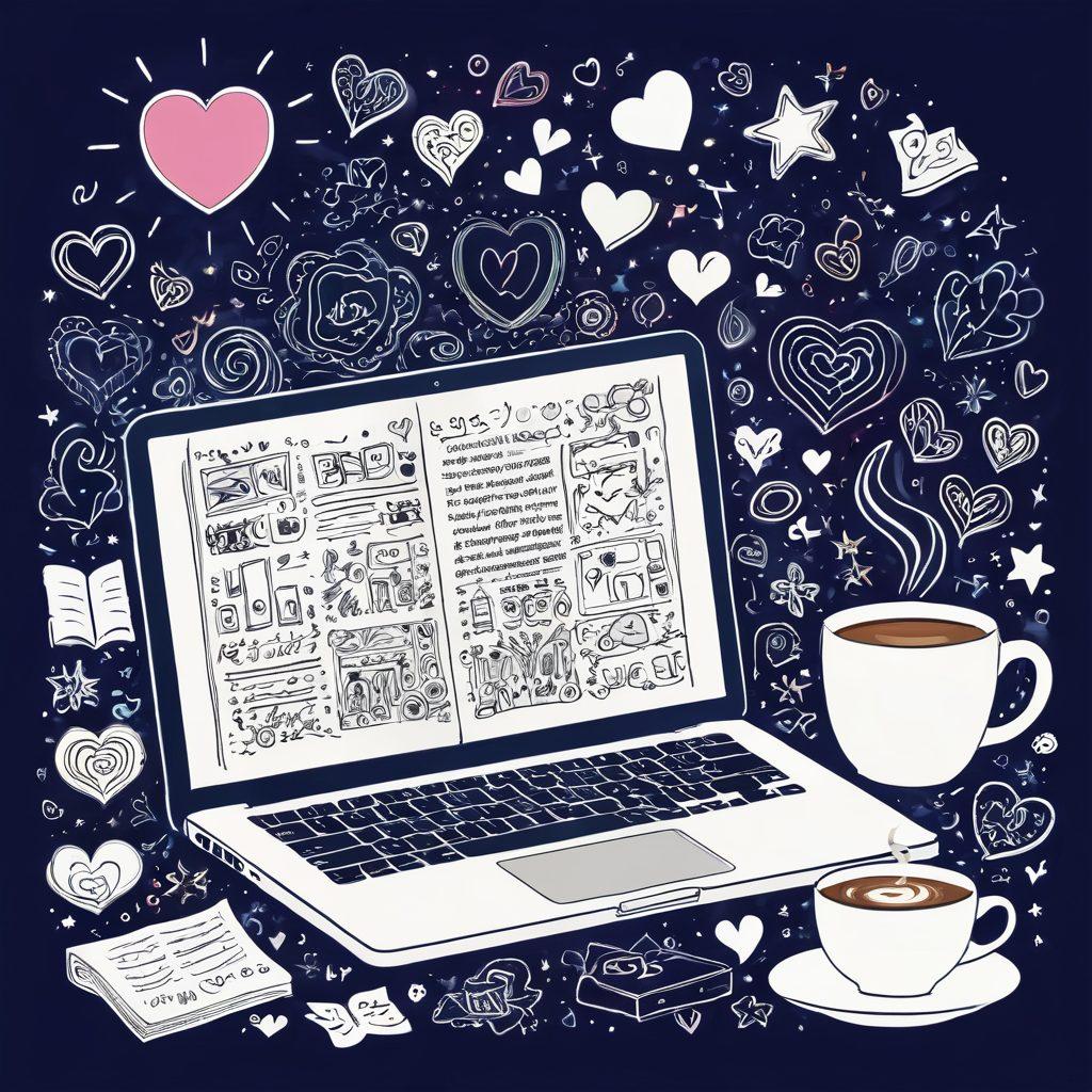 A visually engaging representation of a digital diary, with pages filled with vibrant doodles and playful text. Surround the diary with iconic symbols of adult blogging like a steaming coffee cup, a laptop with a glowing screen displaying a blog interface, and playful art elements such as hearts and stars. Set in a cozy and inviting atmosphere with soft lighting and a touch of sensuality. The background should feature a calming gradient to enhance the overall aesthetic. super-realistic. vibrant colors. cozy ambiance.